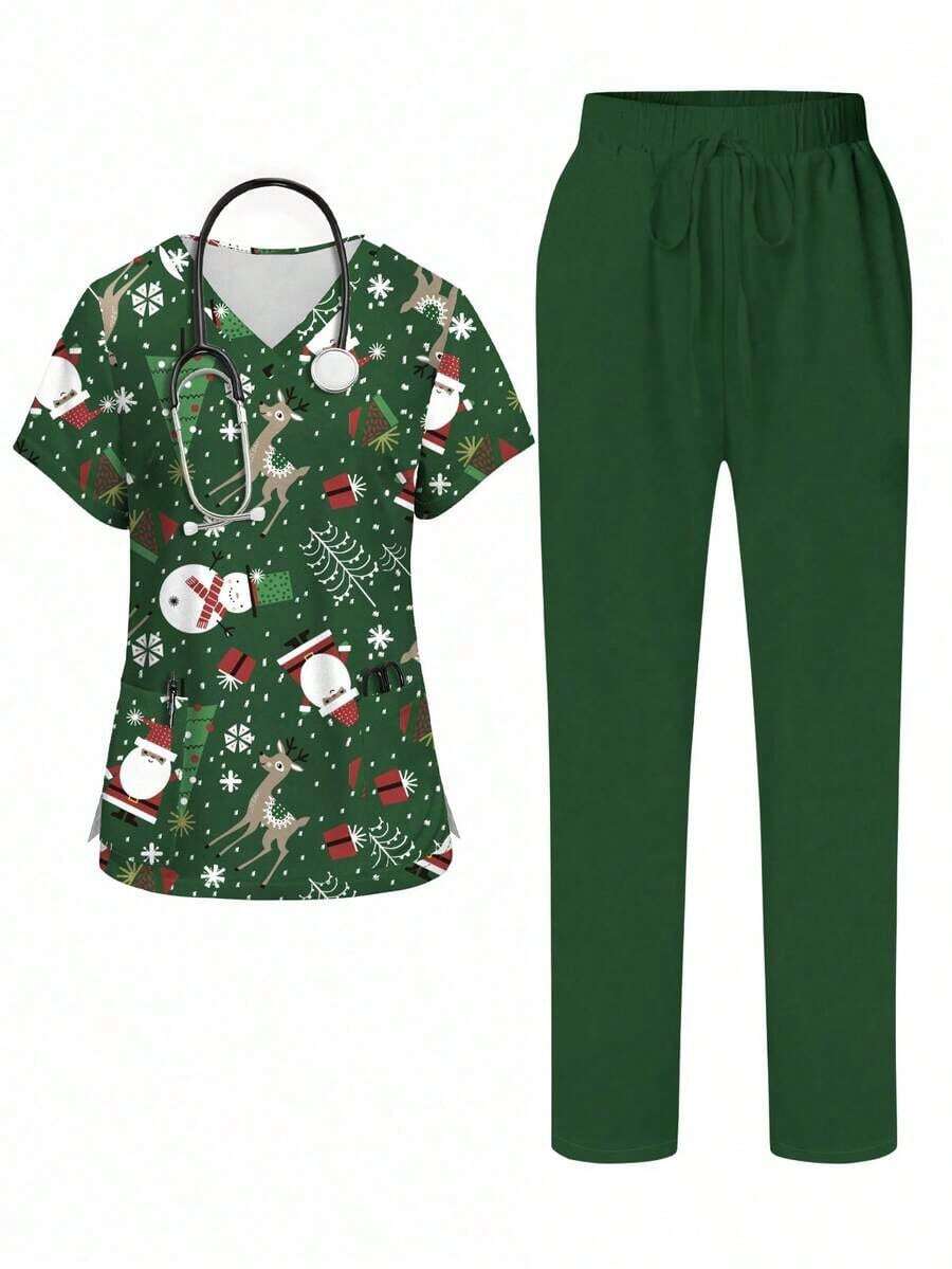 PopScrub Conjunto de 2 piezas con diseño de bolsillo con oreja, estampado de gato y planta de dibujos animados, de cuello en V y manga corta, uniforme de enfermera de primavera/verano, pantalón casual de color azul claro, conjunto de uniforme de enfermera, adecuado para amantes de los gatos - Multicolor 6 - Ver 1