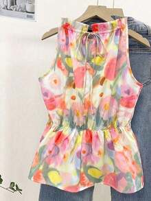 Blusa casual versátil de uso diario con estampado floral y pliegues para mujer - Multicolor 2 - Ver 2