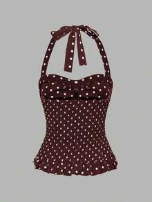 Avant Conjunto de camiseta sin espalda con cuello halter de estilo romántico de vacaciones con lunares y cuadros para mujer - Marrón Mocha - Ver 7
