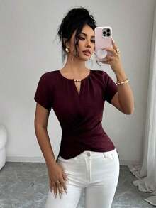 Blusa de manga corta con cuello redondo, estilo envolvente, elegante y casual, con cinturón y cuentas, adecuada para ir al trabajo, citas, y uso durante todo el año en primavera/verano.Blusa elegante para damas, apropiada para fiestas, citas, oficina, negocios, vida diaria en primavera/verano, temporada de graduación, Día del Maestro, vuelta al colegio, Acción de Gracias.Blusa de manga corta para uso diario, de unicolor con cuentas. - Morado - Ver 3