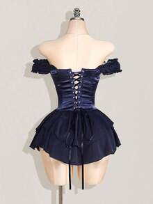 Vestido corto de gasa con volantes en el hombro, cintura fruncida y estampado jacquard para mujer, elegante para fiestas y uso casual - Azul marino - Ver 2