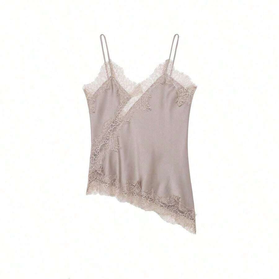 Seelio Nuevo Top de estilo lencería sexy con decoración de encaje, estilo europeo y americano, para mujer, color negro, para verano - Caqui - Ver 1