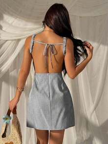 Vestido mini sexy sin espalda 95% algodón, esencial para el verano, adecuado para el uso diario, citas, fiestas, Navidad, Año Nuevo, Acción de Gracias, fiestas, bodas, playa, ceremonias de graduación, moda, elegante, casual, salidas, citas, reserva - Negro - Ver 2