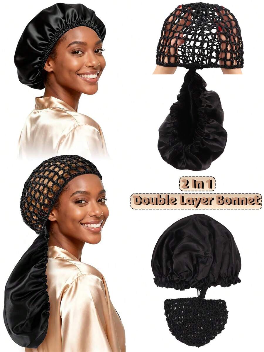 nunify 2 in 1 Wrap Cap Satin Bonnet Bolak-balik Dapat Dilepas untuk Rambut Keriting, Cocok untuk Tidur, Pelurusan Rambut & Perlindungan Kepang, Penutup Rambut Ganda yang Dapat Diatur dengan Jaring, Penutup Pelindung Rambut Elastis untuk Rambut Alami dan Kepang. - View 1