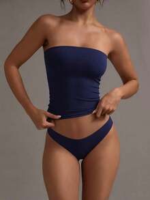 Camiseta sin tirantes sexy básica, top tubo ajustado de unicolor y elástico a la moda, adecuado para mujeres en todas las estaciones, casual negro de verano - azul real - Ver 10
