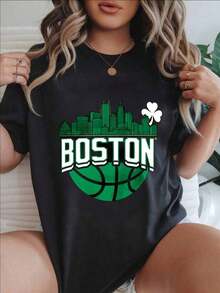 Camiseta Casual de Moda para Mujer con Diseño de Trébol de Baloncesto Boston Skyline, Adecuada para Todas las Temporadas  
 Negro - Negro - Ver 1