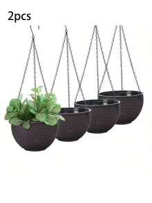 2pcs Vintage Rattan Honeycomb Pattern Double-Layer Hanging Planter Baskets, With Drainage Holes And Hook For Indoor/Outdoor, Balcony, Patio, Garden Decor, Modern Hanging Planters | Durable Plastic Material For Plants - Flowerpot - View 14
