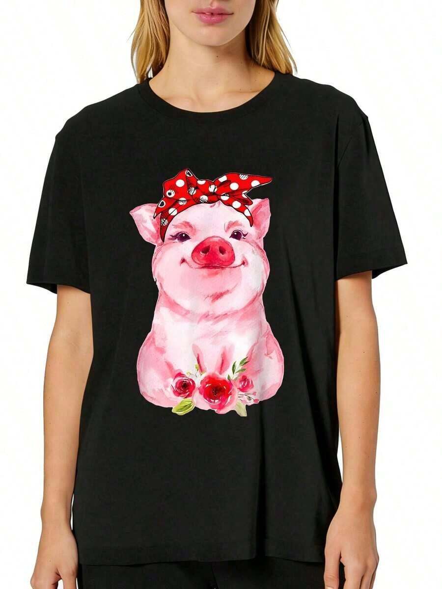Plus Size Cotton T-Shirts For Women – Casual Short Sleeve Tops, Loose Fit And Soft. Popular Prints For Pig Lovers: Pig Face, Leopard Headdress, Pig With Flowers, And Pig With Roses. Comfortable, Breathable, And Cozy. - 黑色 - 查看 1