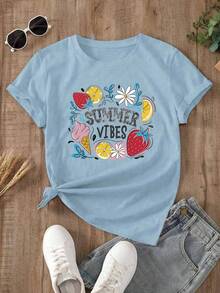 Summer T-Shirt With Fruit And Flower Graphic, Relaxed And Flattering Style. Loose-Fitting Youth T-Shirt With Strawberry, Lemon And Ice Cream Design, Flirty Style To Pair With Shorts. - YH420-藍色 - 查看 2