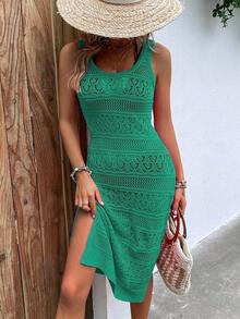 Vestido de punto con lazo en la cintura, casual de vacaciones, primavera/verano, unicolor, cuello redondo, sin mangas, con abertura, corto, ajustado, de vuelta al colegio, otoño, vestimenta digna para mujeres, vestido largo de fiesta de otoño para la playa - Verde - Ver 3