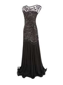 Women's Long Party Dress With V-Neck, Sequin And Lace Embroidery On The Top, Flowing Chiffon Skirt, Various Colors (Green, Black, Red, Champagne), Ideal For Banquets And Formal Events. - 黑色 - 查看 4