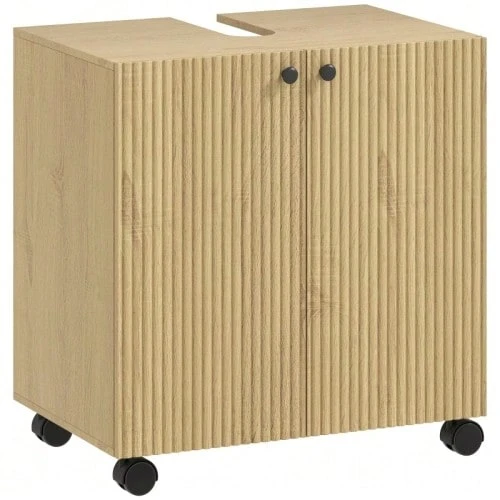 Mueble de baño con estante de 3 niveles, ruedas y acabado en madera. - Color natural - Ver 1