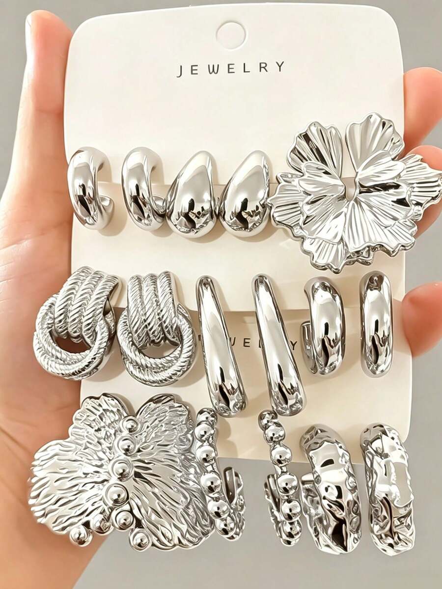 Bộ khuyên tai thời trang mới gồm 6/18 chiếc, phù hợp để đeo hàng ngày và trong các dịp lễ hội, được làm từ nhựa ABS mạ bạc UV, là bộ khuyên tai ít gây dị ứng. - Bạc - Xem 1
