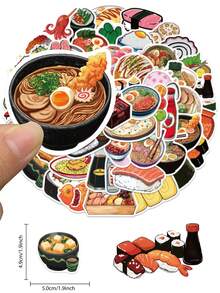 55张日式美食主题贴纸，寿司、拉面等可爱卡通图案，美味小吃装饰贴纸，适用于美食日记、相册、餐具盒、厨房墙面装饰 - 1 Set - 查看 2