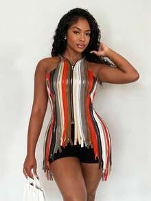 Camiseta sin espalda con cremallera asimétrica y parches, sexy y casual para el verano - Multicolor - Ver 3