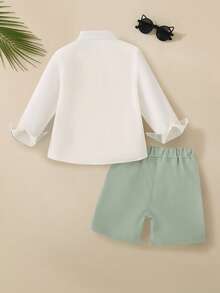 2pcs/Set Young Boy Spring/Summer Contrast Color Collar Long Sleeve Shirt & Solid Shorts Set, Casual School Style Outfit - Green - View 3