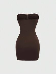Vestido mini ajustado y sexy sin tirantes con hebilla de metal para mujer - Marrón Mocha 2 - Ver 2