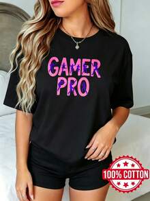 Camiseta negra de manga corta con cuello redondo y estampado para mujer, verano, estilo casual Patrón de Impresión Gamer Pro S-3XL Moda 100% aodón material - Negro - Ver 2