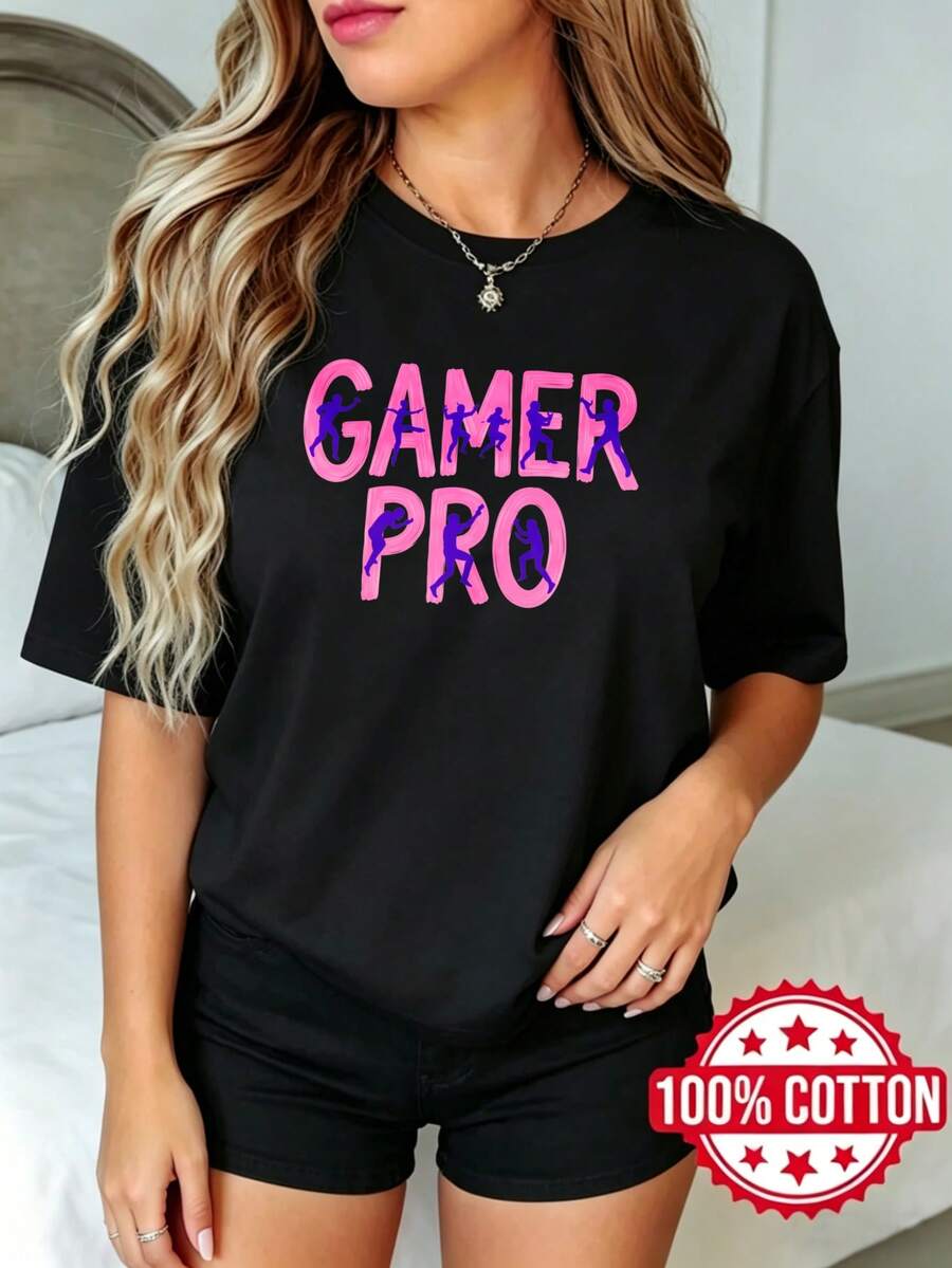 Camiseta negra de manga corta con cuello redondo y estampado para mujer, verano, estilo casual Patrón de Impresión Gamer Pro S-3XL Moda 100% aodón material