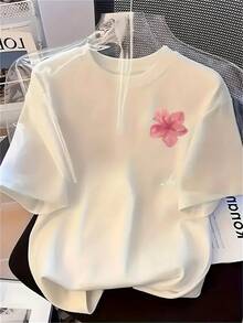 Women's T-Shirt, Modern Short-Sleeved T-Shirt With Floral Print On The Left Side Of The Chest, Round Neck, Casual, For All Seasons. - 白色 - 查看 6