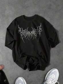 Women's Classic Black Cotton T-Shirt With White Graphic Print, Short Sleeve, Round Neck, Regular Length, Urban Gothic Style, Summer T-Shirt - 黑色 - 查看 6