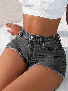 Women's Sexy Distressed Stretch Fitted Straight Leg Denim Shorts, Summer - Grey - View 1