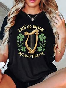 El Orgullo de la Cultura Irlandesa ERIN GO BRAGH IRELAND FOREVER Camiseta de Moda Casual para Mujer de Talla Grande con Estampado de Arpa y Trébol, Cuello Redondo, Primavera Verano, Atuendo Creativo, Cómoda para Uso Diario y Salidas - Negro - Ver 7