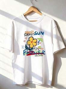 Dibujo Floral Colorido Estilo Street Juvenil, Cuello Redondo, Manga Corta, Estilo Casual, Adecuada para Mujeres en Primavera y Verano, Color Blanco,playeras de mujer,tops 100% Cotton Blusas Bonito - Blanco - Ver 5