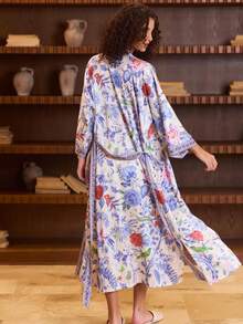 波希米亞風玫瑰花卉印花中長版和服式薄外套 女款度假優雅休閒派對罩衫 輕量開衩下擺口袋披風大衣 居家浴袍綁帶式晨袍 - 藍色 - 查看 5