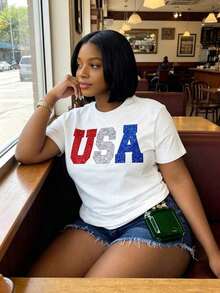 Camiseta de USA para Mujer con Brillo, Camiseta Patriótica para el 4 de Julio - Blanco - Ver 4