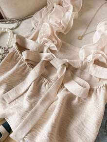 Frenchy Camiseta de tirantes de mujer con volantes de unicolor y parches, con detalle de nudo en la espalda - Albaricoque - Ver 3