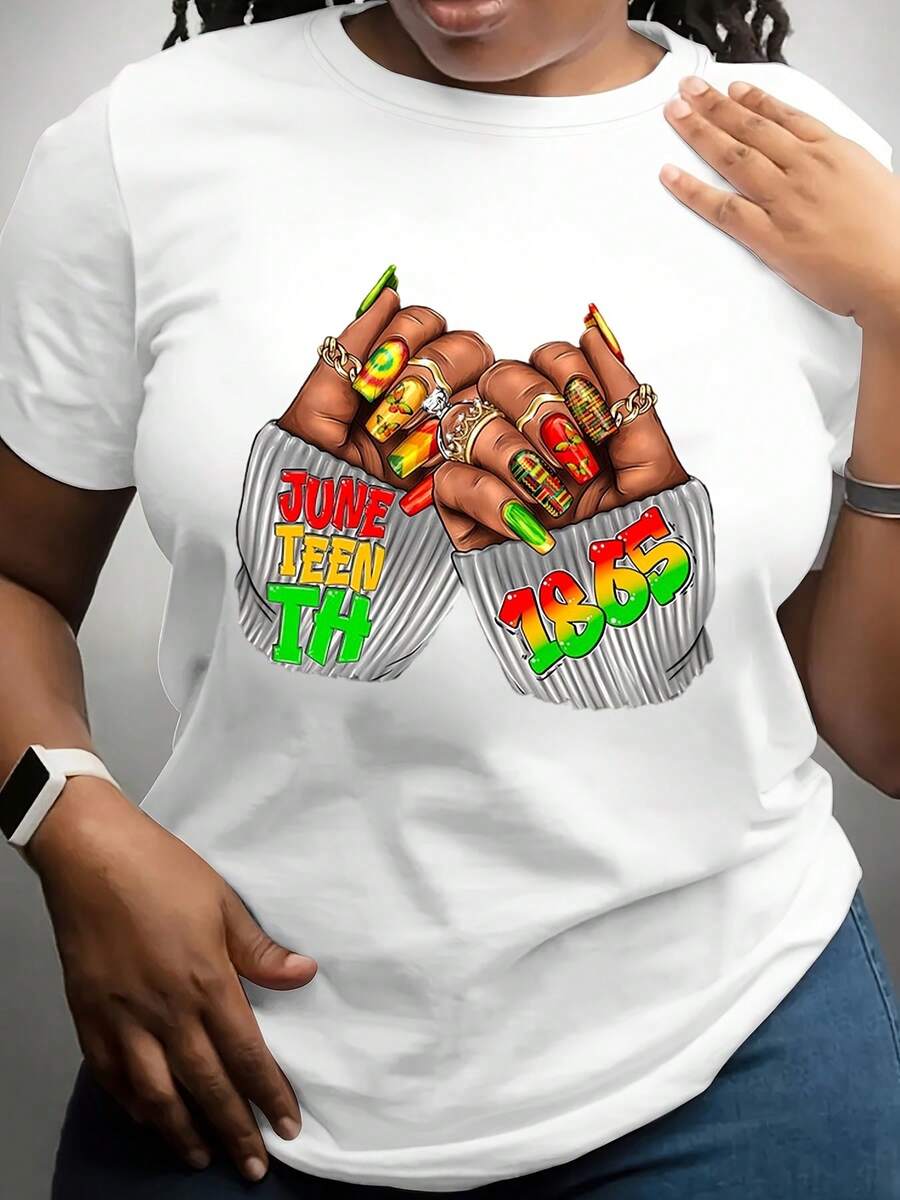 Camiseta de manga corta con cuello redondo para mujer de talla, diseñpara celebrar el Mes de la Historia Negra, con un vibrante motivo de manos que muestra uñas y anillos coloridos, junto con la fecha 19 de junio - Camiseta unisex de algodón holgada de estilo vintage urbano. - Blanco - Ver 1