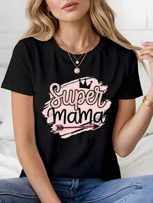 Women's 100% Cotton T-Shirt With The Phrase "Super Mama", Pink Background With Brushstrokes, Black Hand-Lettered Lettering, Decorative Crown And Arrow. Women's Party T-Shirts. - 黑色 - 查看 6
