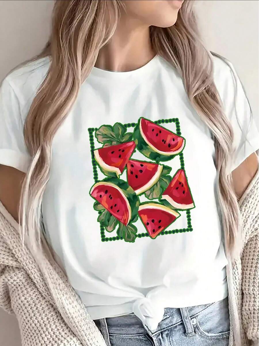 Lightweight And Durable Short-Sleeved T-Shirt, Adorned With A Watermelon Print, Ideal For Summer Activities, Casual Outings, Beach Trips Or Everyday Wear, With A Bright Fruit Design On A Soft Material. - 白色 - 查看 1