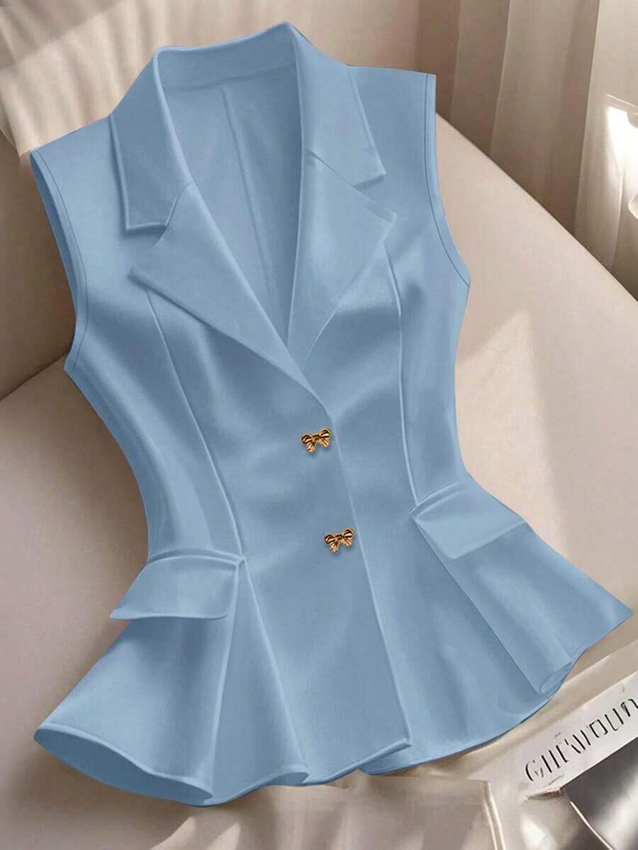 Blazer blanco ajustado de línea A con cuello en V francés, elegante, con lazo y botones sin mangas para mujer, para primavera/verano - Azul - Ver 1