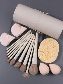 16 piezas Juego de brochas de maquillaje profesional, que incluye brocha para rubor, brocha para contorno, brocha para base, brocha para nariz, brocha para sombra de ojos, brocha para cejas, brocha para labios, brocha de detalle, cerdas suaves, brochas para maquillaje de rostro y ojos, con borla de polvo súper suave y esponja de maquillaje de doble uso, viene con tubo de almacenamiento, kit de brochas de maquillaje portátil - Albaricoque - Ver 3