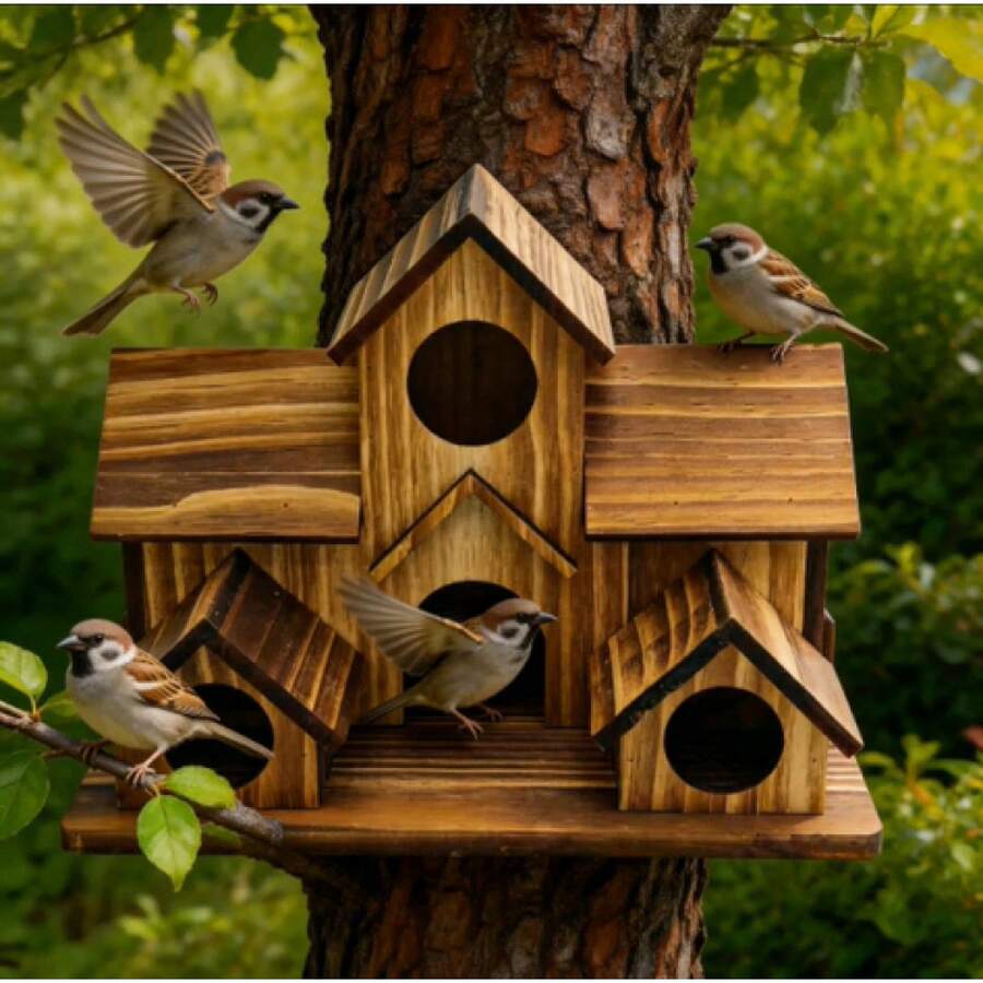 Casa de pájaros de madera vintage de lujo multicapa, nido colgante para el jardín, comedero de pájaros de madera para exteriores, nido de pájaros de madera antiséptica hecho a mano - Casa del pajarito N° 4 - Ver 1