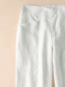 Celana Linen Pinggang Tinggi Elastis Kasual Nyaman, Efek Jatuh, Cocok untuk Musim Gugur & Musim Panas, Warna Putih - Putih - View 2