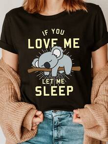 Soft 100% Cotton T-Shirt With Koala Print, Round Neck, Short Sleeve, Casual Top For Summer And Spring, Women's Clothing, Breathable Cotton T-Shirt, Goes With Everything, Great. - 黑色 - 查看 7