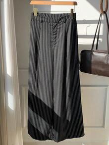 Pantalones casuales y versátiles de cintura alta con pierna ancha de unicolor - Negro 2 - Ver 5