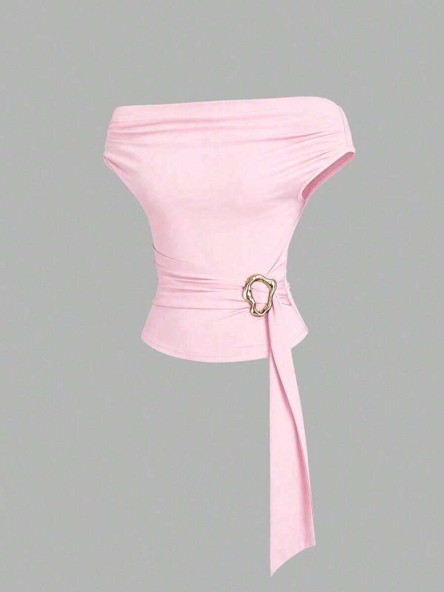 Blusa asimétrica sin tirantes de ajuste ceñido, de diseño elegante y con textura retro, de alta gama y minimalista, para mujer.Color marrón.Primavera/Verano - Rosa - Ver 1