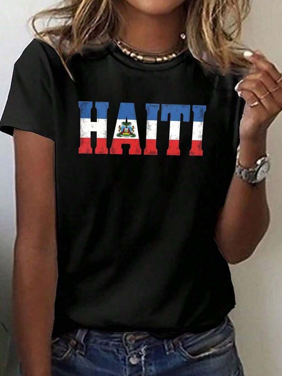 Conjunto Retro de Pascua para Mujer, Camiseta con Mapa de Haití, 100% Algodón, Estilo Casual, Cuello Redondo, Transpirable, Cómodo, para Fiesta. - Negro - Ver 1