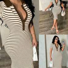 Women's Casual Minimalist Fashion Commuter Style Short Sleeve Black & White Striped Polo Dress, Knit High Stretch Fitted Mid-Length Dress, French Elegant Dress V Neck Striped Dress Striped Bodycon Dress Curve Casual Dress V Neck Dresses Women Bodycon Summer Dress - Café integral - Ver 1