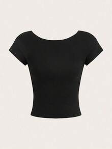 2 piezas Camiseta corta y ajustada casual de mujer con cuello redondo y espalda descubierta, para verano - Multicolor 14 - Ver 3