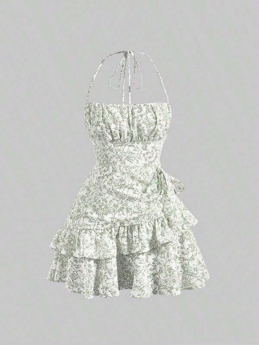 Vestido mini con cuello halter romántico y de moda para mujer - Verde - Ver 1