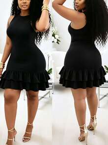 Plus Size Ruched Hem Sleeveless Dress, Loose Fit Office/Casual Style, Spring/Summer Black Elegant - Black - View 1