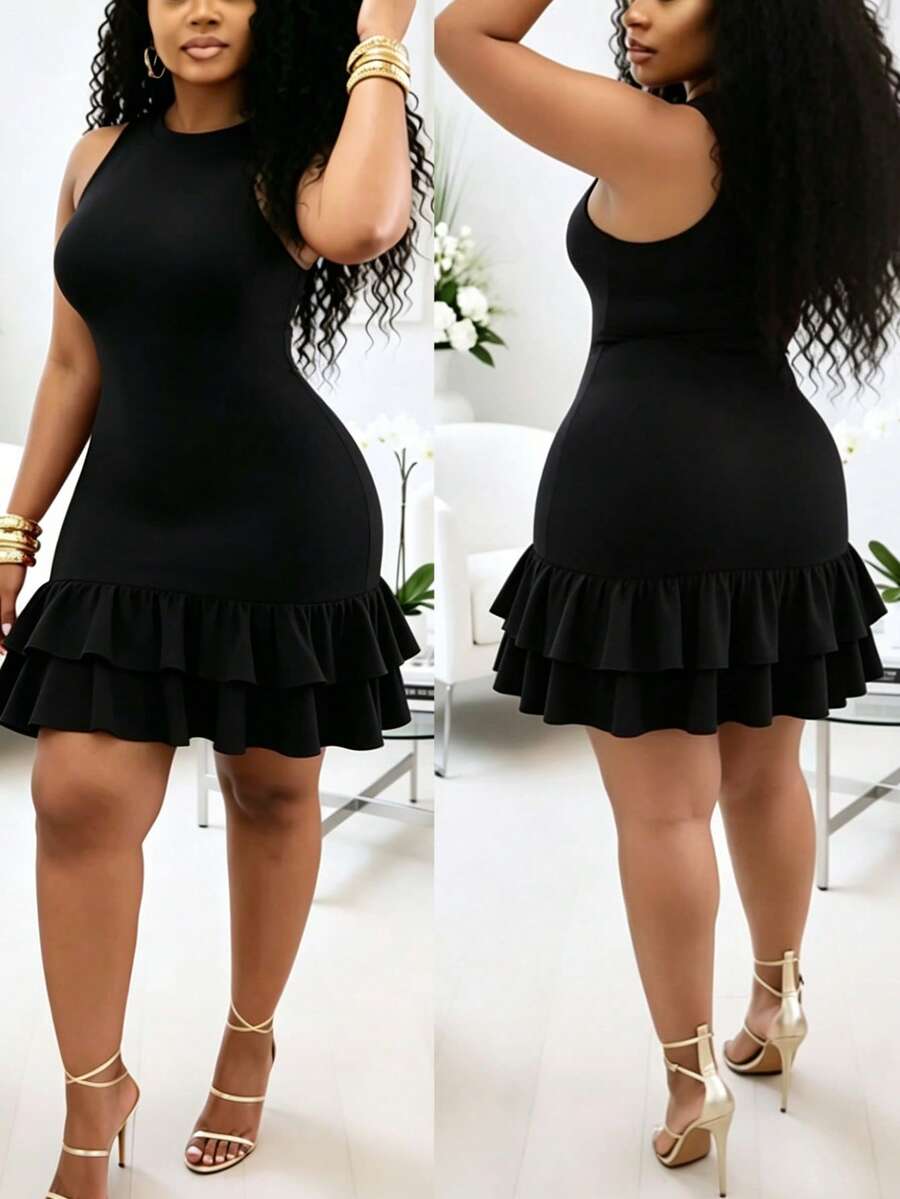 Plus Size Ruched Hem Sleeveless Dress, Loose Fit Office/Casual Style, Spring/Summer Black Elegant - Black - View 1