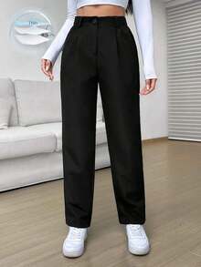 Pantalones casuales sueltos de pierna recta con plisados de cintura alta negros para mujeres - Negro - Ver 1