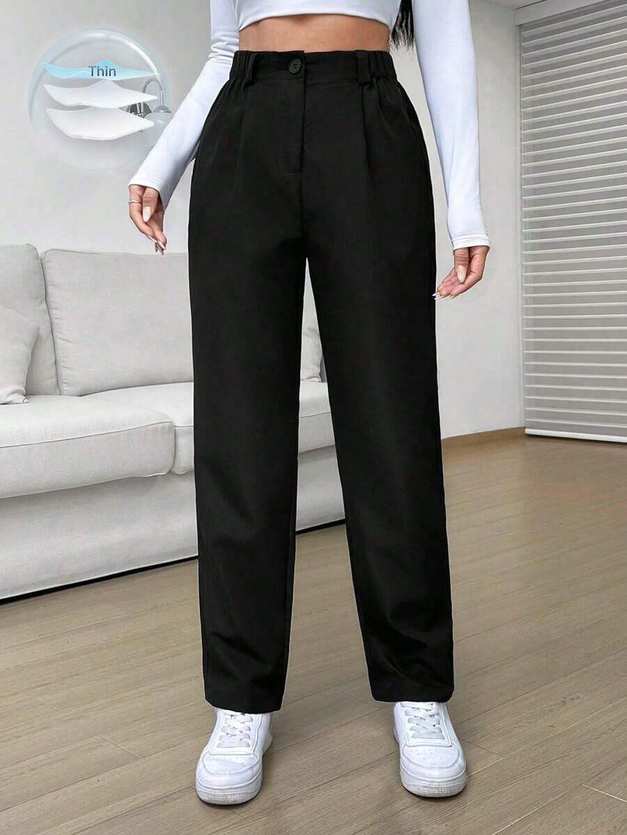 Pantalones casuales sueltos de pierna recta con plisados de cintura alta negros para mujeres - Negro - Ver 1