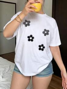 Camiseta de moda femenina de verano de manga corta camiseta de moda casual al aire libre 'flor' estampada camiseta casual femenina suelta - Blanco - Ver 2